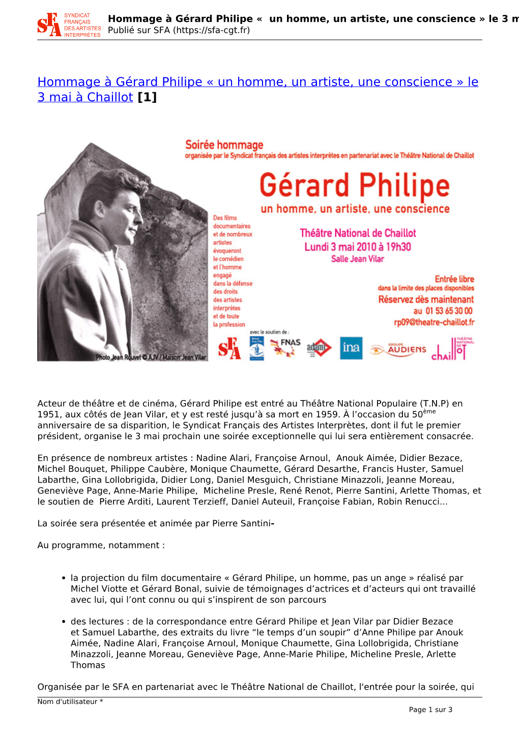 Hommage À Gérard Philipe « Un Homme, Un Artiste, Une Conscience » Le 3 Mai À Chaillot Publié Sur SFA (