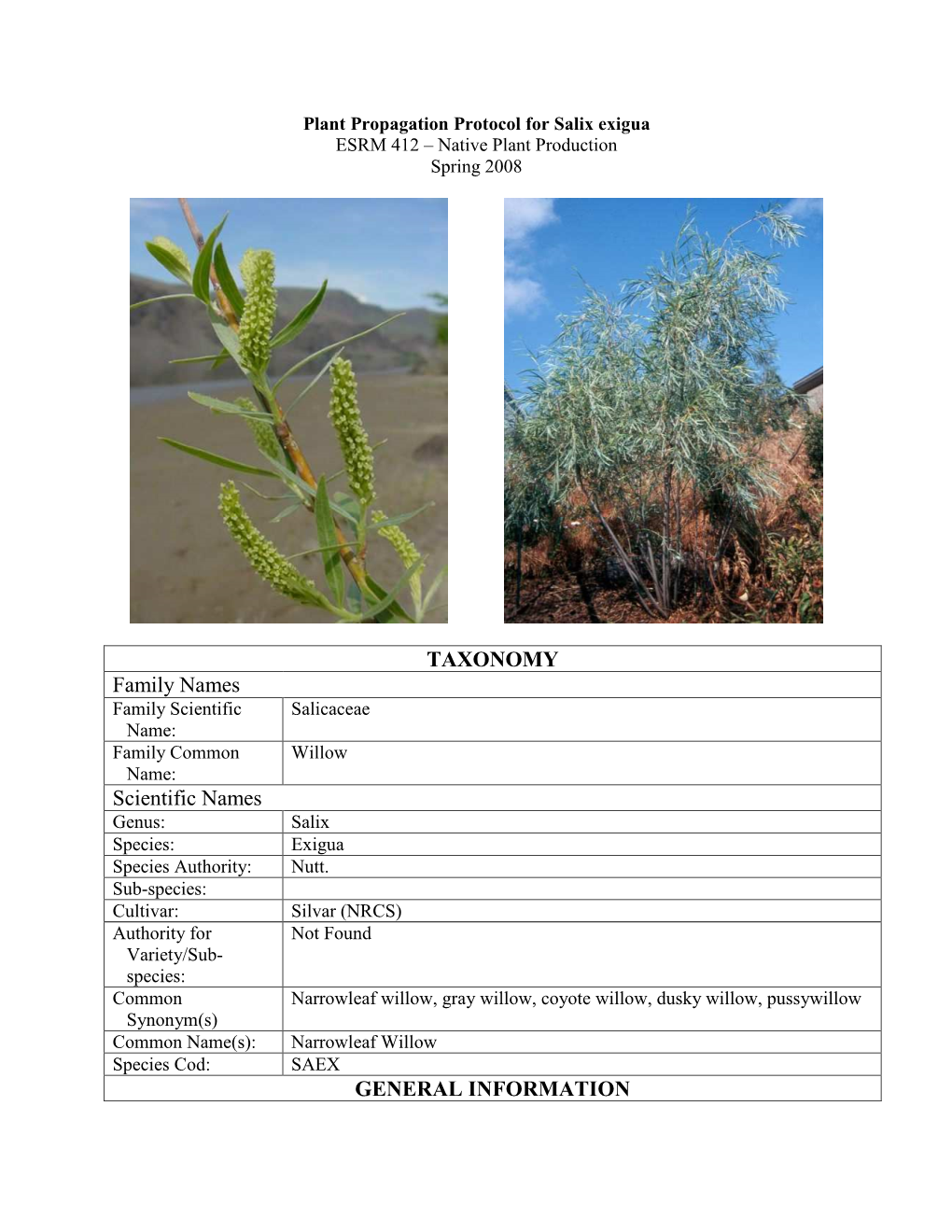 Plant Propagation Protocol for Salix Exigua ESRM 412 – Native Plant Production Spring 2008