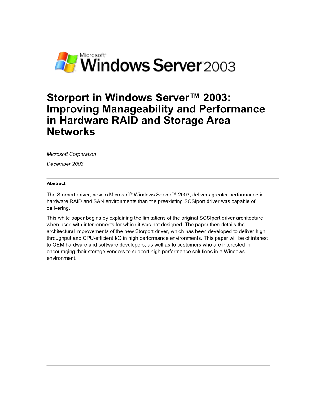 Storport in Windows Server 2003: Improving Manageability and Performance in Hardware RAID