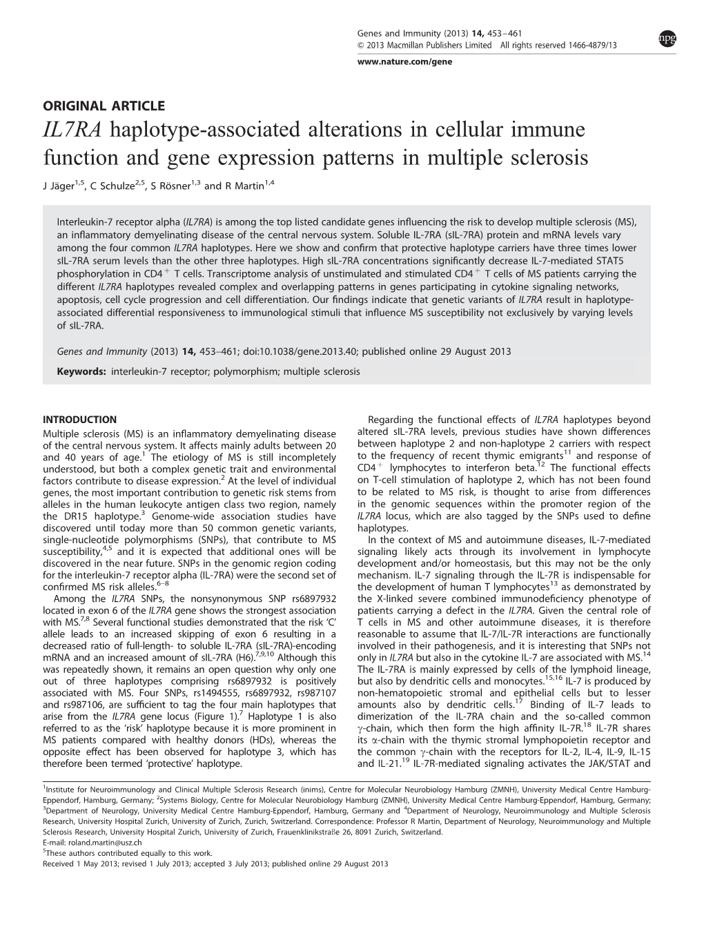 IL7RA Haplotype-Associated Alterations in Cellular Immune Function and Gene Expression Patterns in Multiple Sclerosis