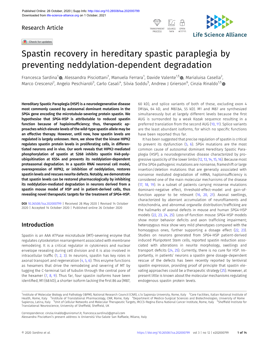 Spastin Recovery in Hereditary Spastic Paraplegia by Preventing Neddylation-Dependent Degradation