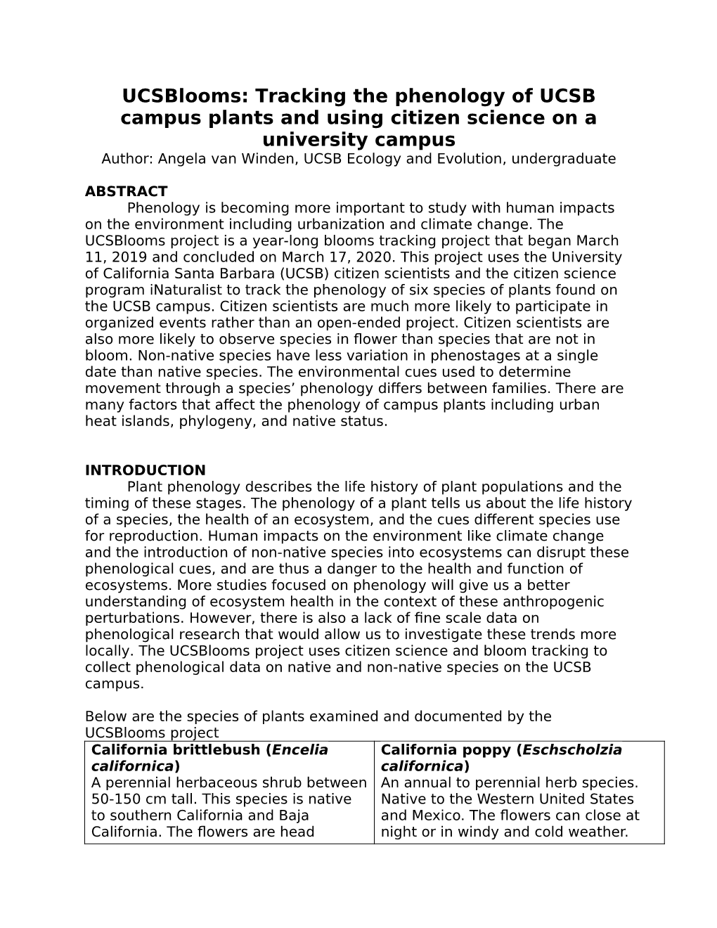 Ucsblooms: Tracking the Phenology of UCSB Campus Plants and Using