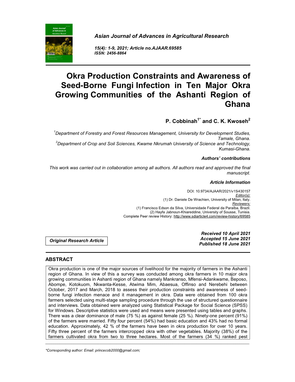 Okra Production Constraints and Awareness of Seed-Borne Fungi Infection in Ten Major Okra Growing Communities of the Ashanti Region of Ghana