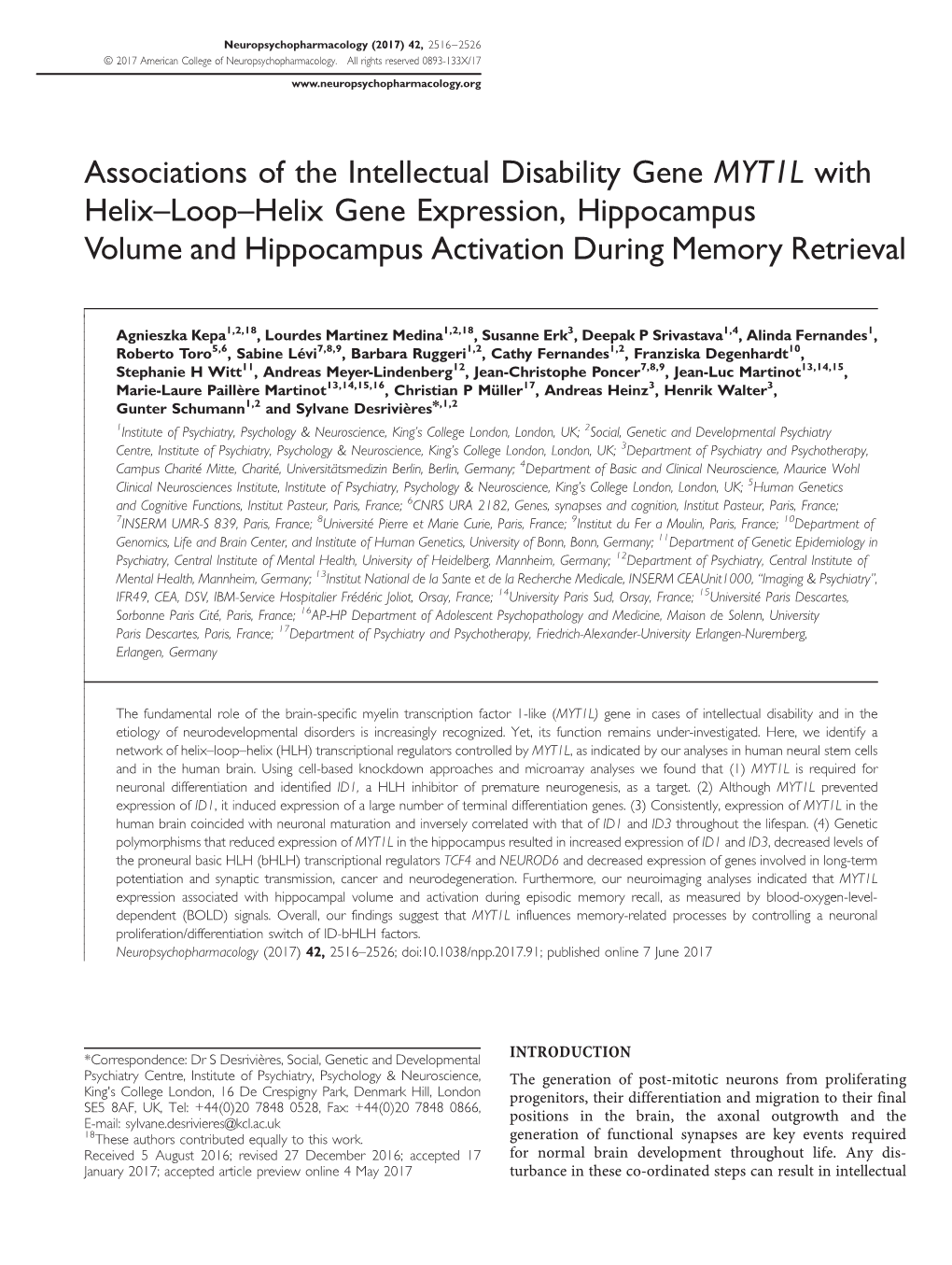 Associations of the Intellectual Disability Gene MYT1L with Helix–Loop–Helix Gene Expression, Hippocampus Volume and Hippocampus Activation During Memory Retrieval