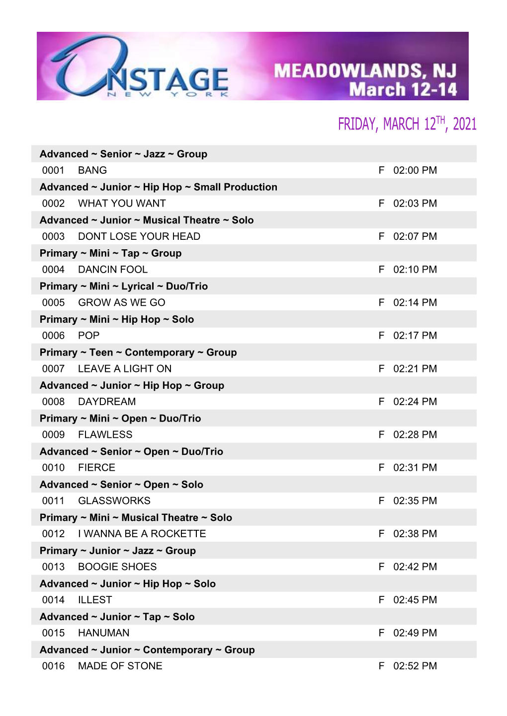 Meadowlands Competition Schedule