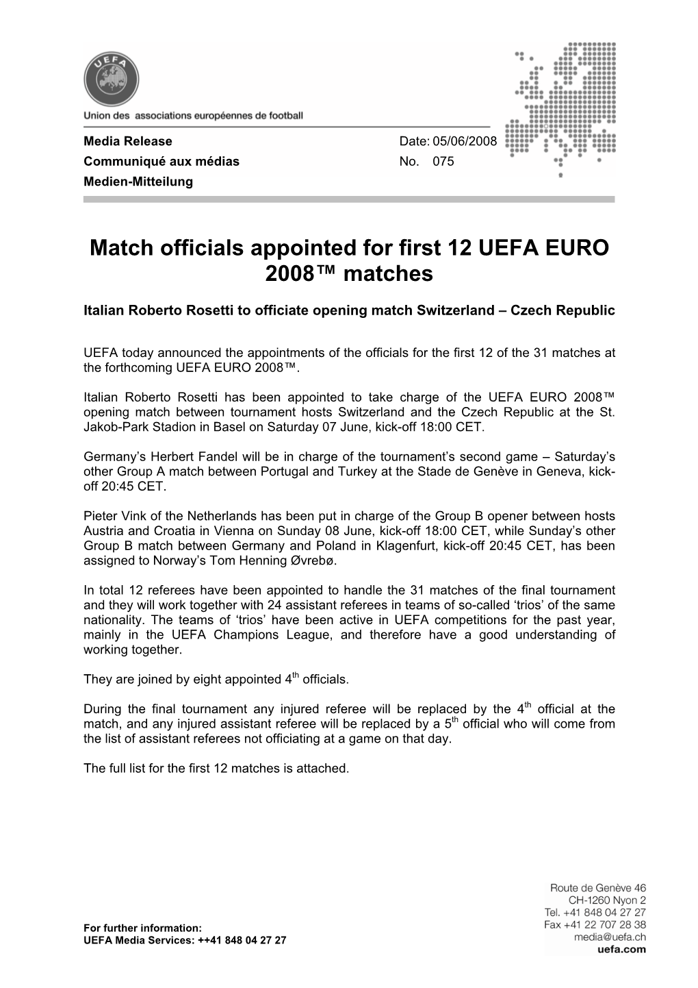 Match Officials Appointed for First 12 UEFA EURO 2008™ Matches