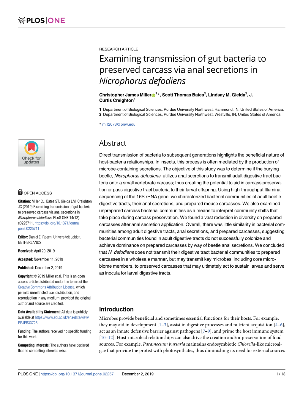 Examining Transmission of Gut Bacteria to Preserved Carcass Via Anal Secretions in Nicrophorus Defodiens