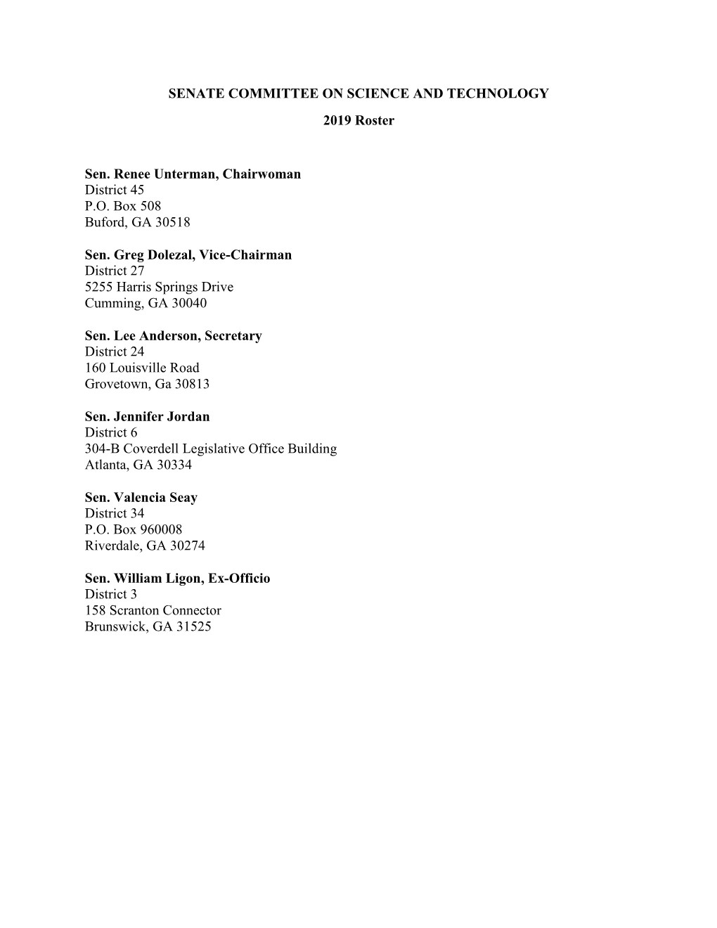 SENATE COMMITTEE on SCIENCE and TECHNOLOGY 2019 Roster