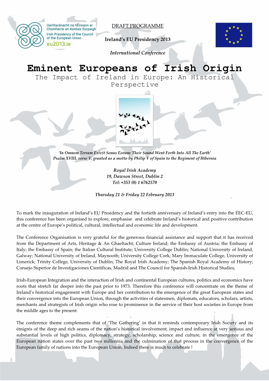 Eminent Europeans of Irish Origin the Impact of Ireland in Europe: an Historical Perspective