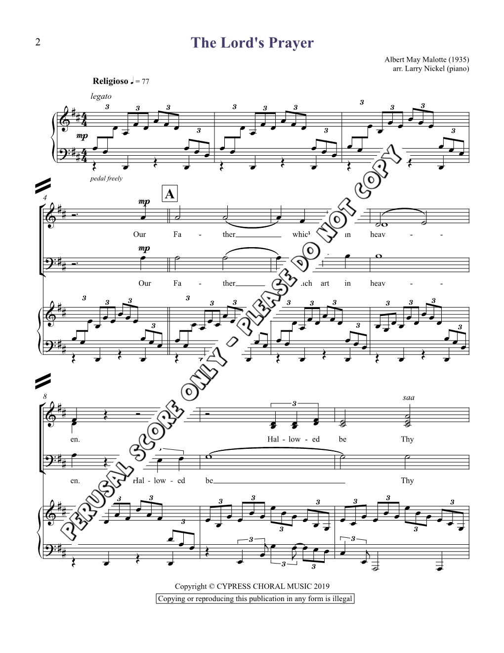 The Lord's Prayer Albert May Malotte (1935) Arr