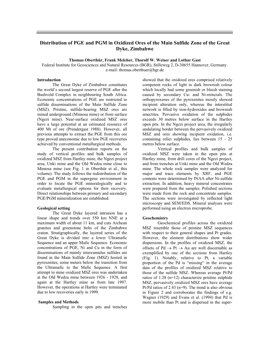 Distribution of PGE and PGM in Oxidized Ores of the Main Sulfide Zone of the Great Dyke, Zimbabwe