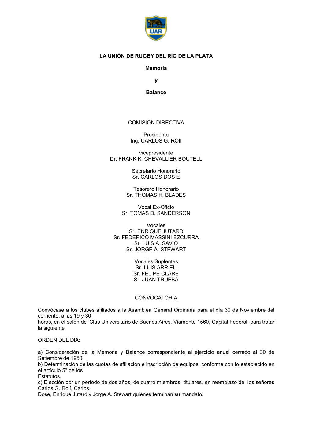 LA UNIÓN DE RUGBY DEL RÍO DE LA PLATA Memoria Y Balance