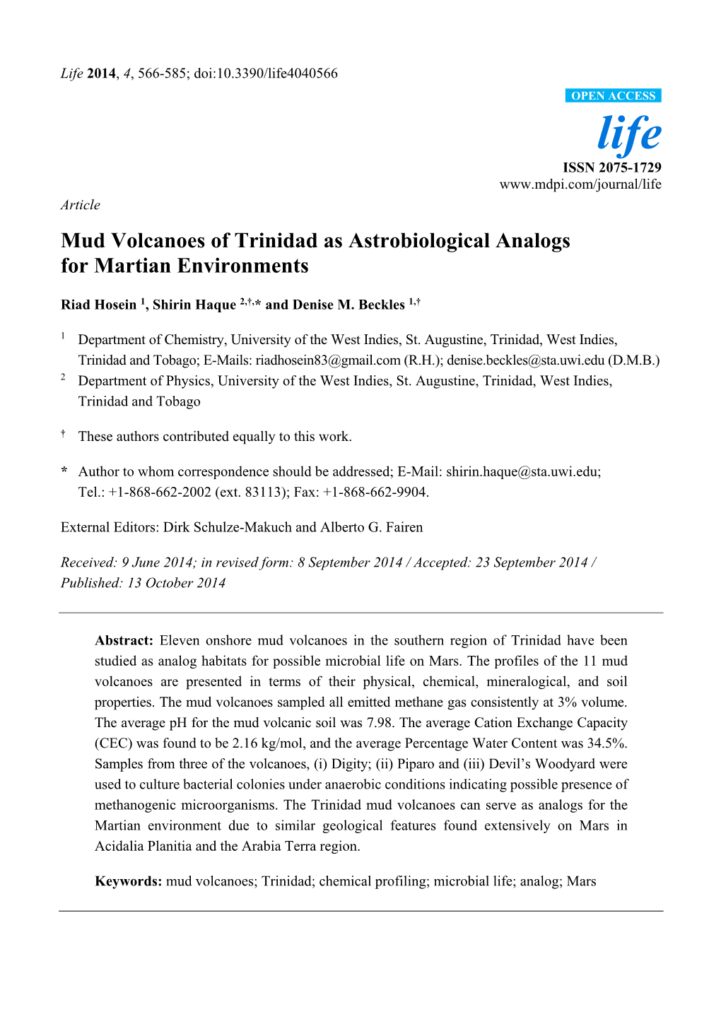 Mud Volcanoes of Trinidad As Astrobiological Analogs for Martian Environments