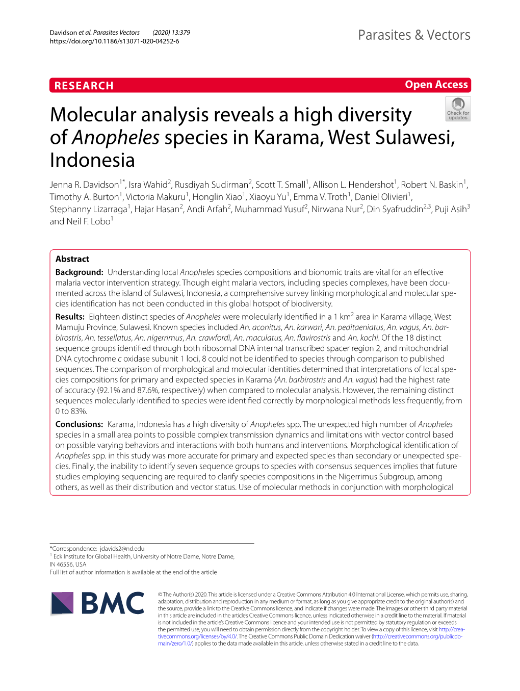 Molecular Analysis Reveals a High Diversity of Anopheles Species in Karama, West Sulawesi, Indonesia Jenna R