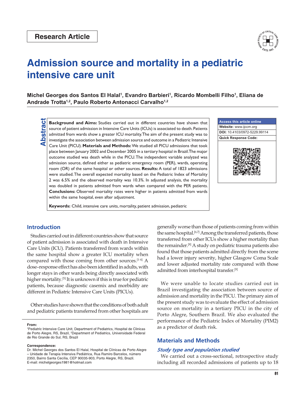 Admission Source and Mortality in a Pediatric Intensive Care Unit