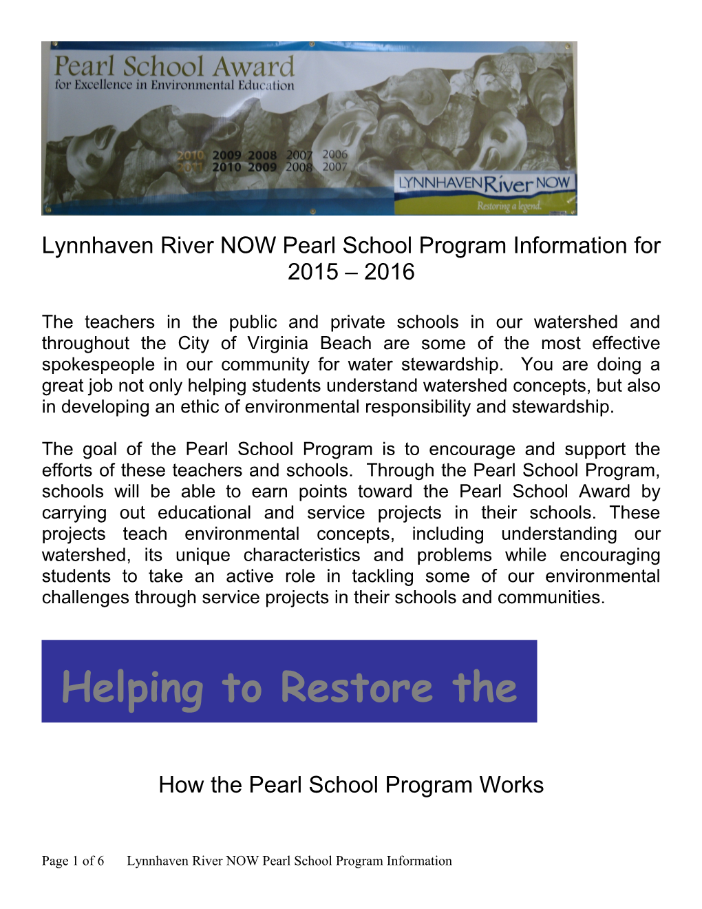 Lynnhaven River NOW Pearl School Program Information for 2015 2016