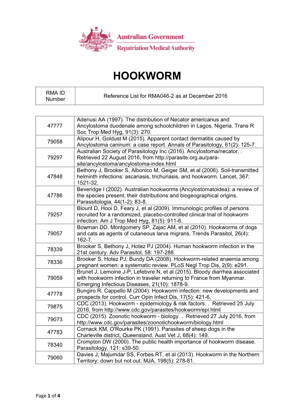 Reference List Concerning Hookworm