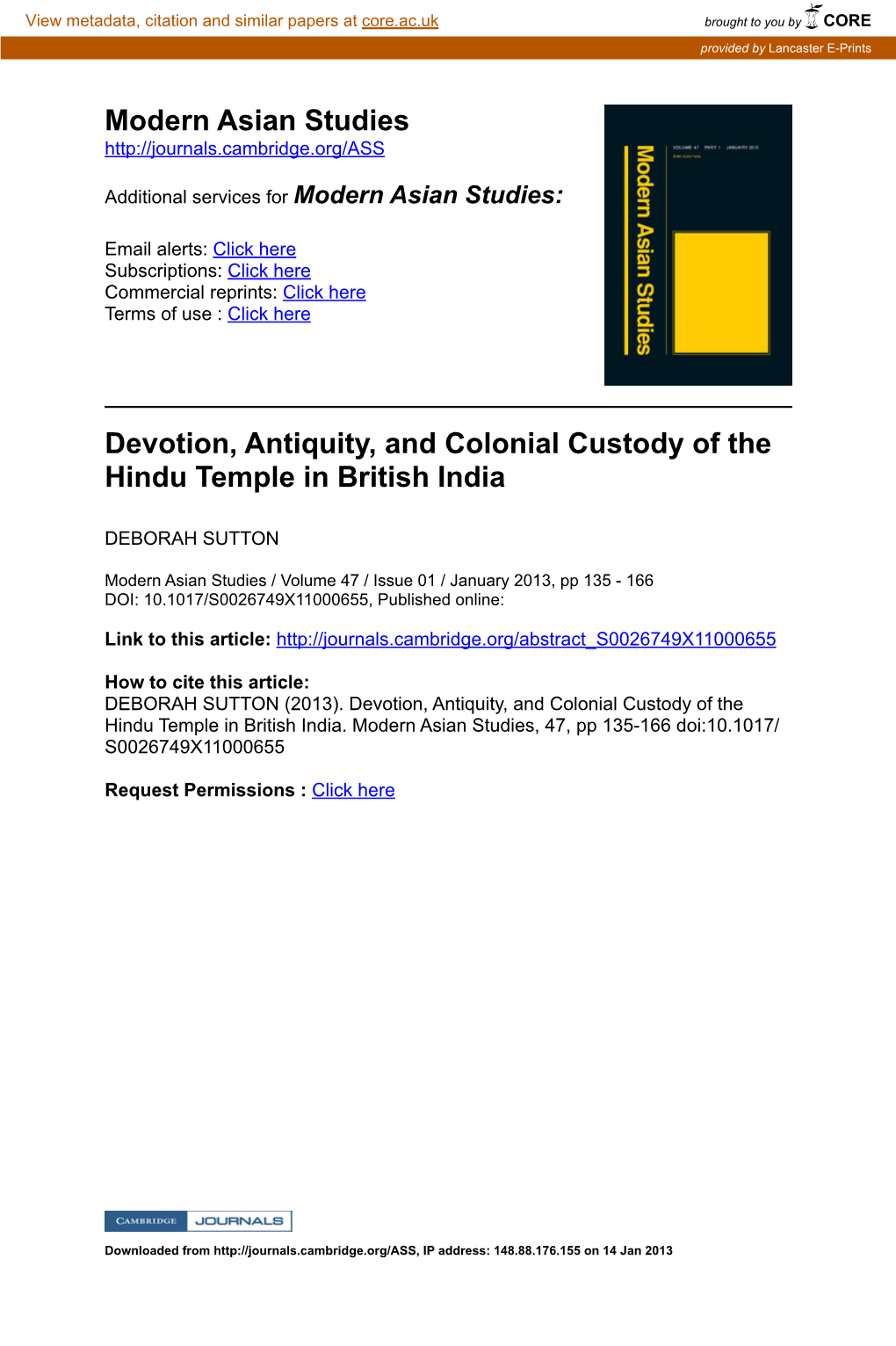 Modern Asian Studies Devotion, Antiquity, and Colonial Custody Of