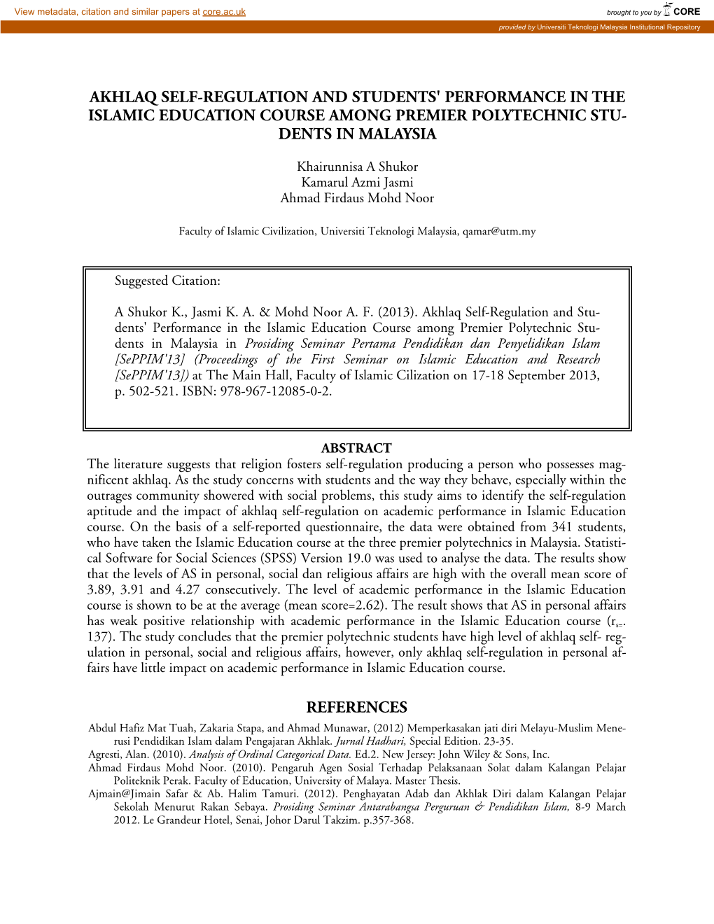 Akhlaq Self-Regulation and Students' Performance in the Islamic Education Course Among Premier Polytechnic Stu- Dents in Malaysia