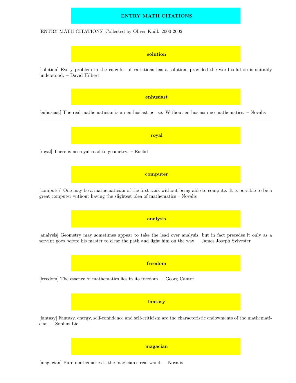 [ENTRY MATH CITATIONS] Collected by Oliver Knill: 2000-2002