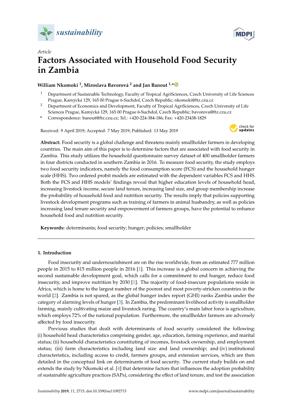 Factors Associated with Household Food Security in Zambia