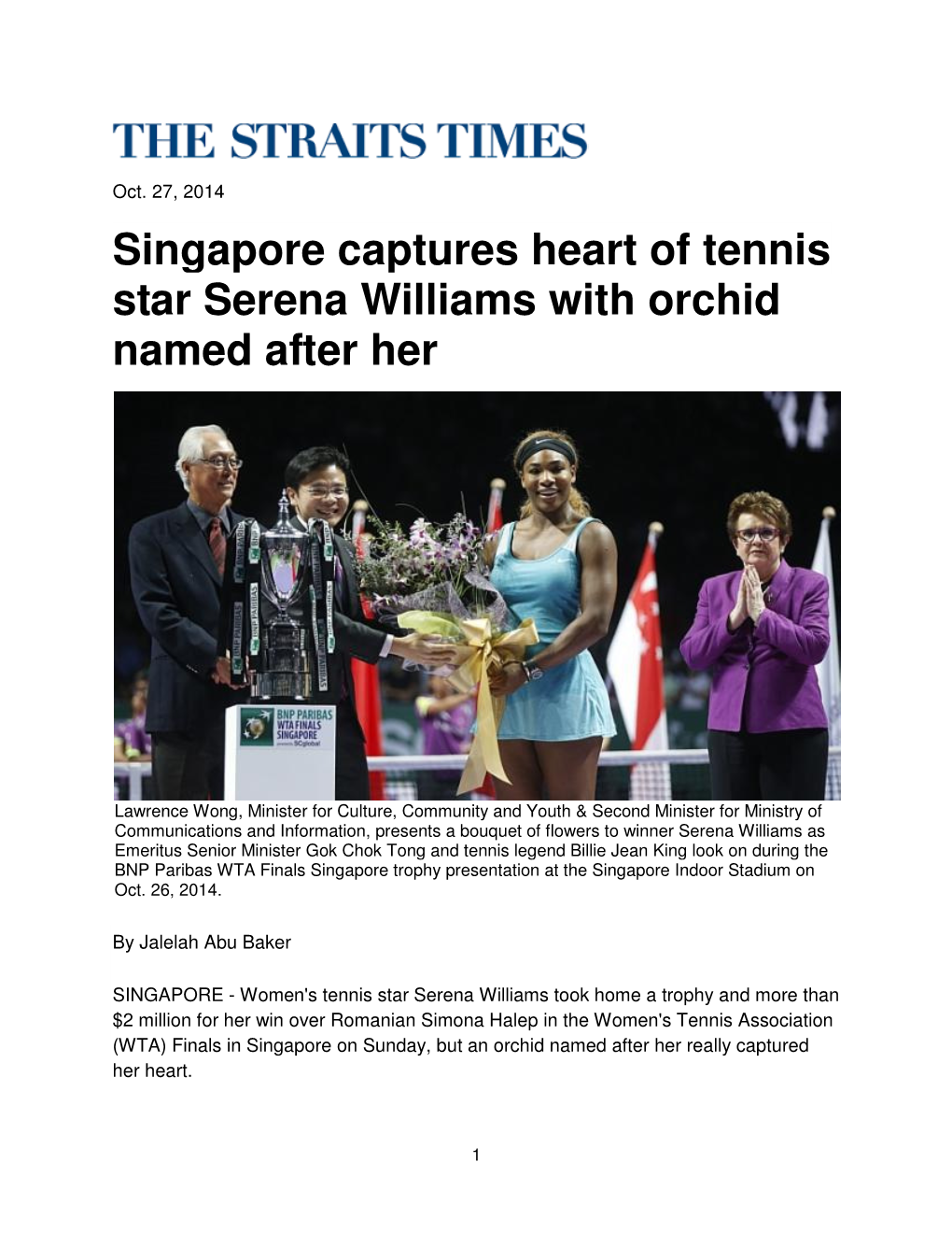 Singapore Captures Heart of Tennis Star Serena Williams with Orchid Named After Her