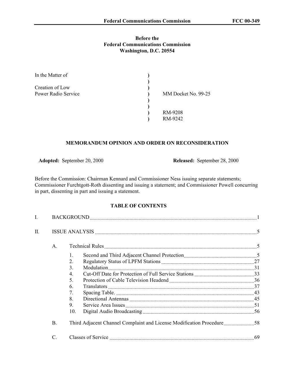 Federal Communications Commission FCC 00-349 Before the Federal