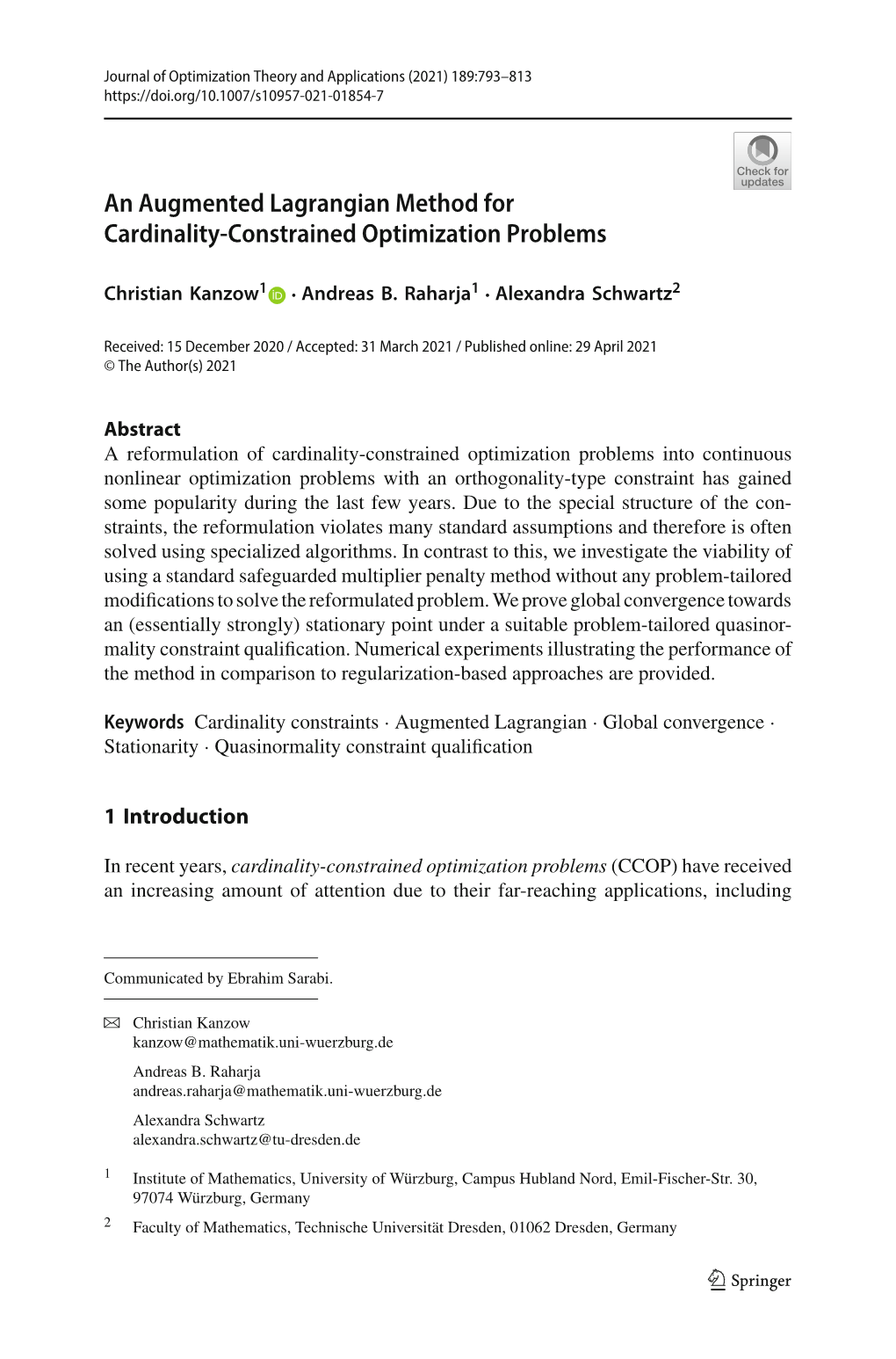 An Augmented Lagrangian Method for Cardinality-Constrained Optimization Problems