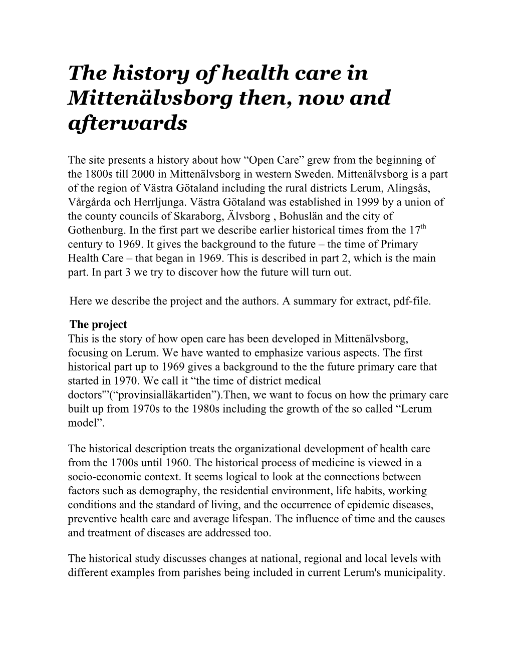 The History of Health Care in Mittenälvsborg Then, Now and Afterwards