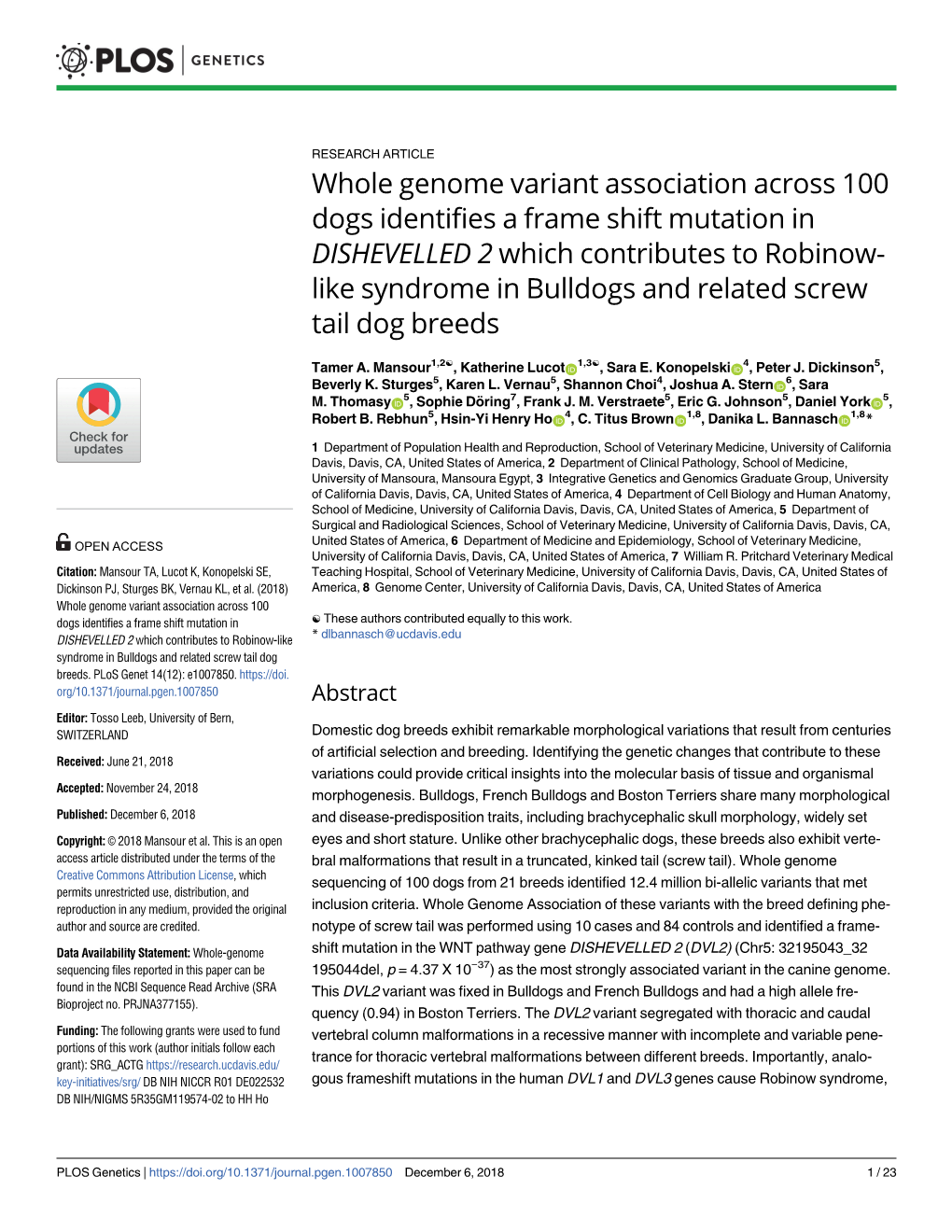 Whole Genome Variant Association Across 100 Dogs Identifies a Frame