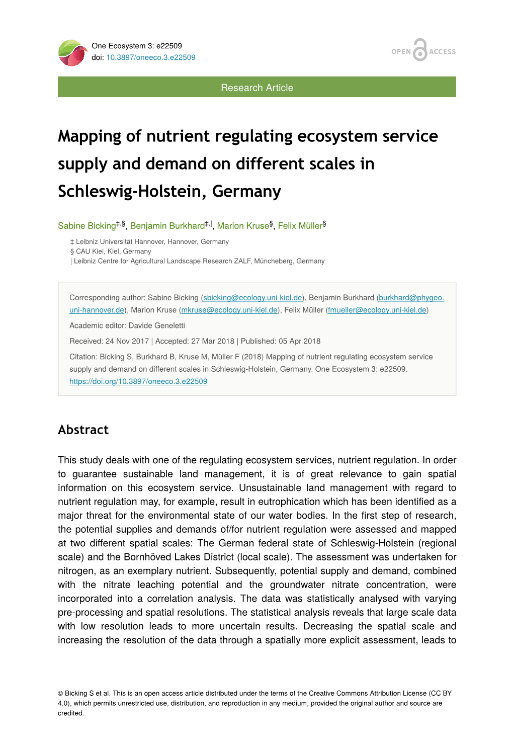 Mapping of Nutrient Regulating Ecosystem Service Supply and Demand on Different Scales in Schleswig-Holstein, Germany