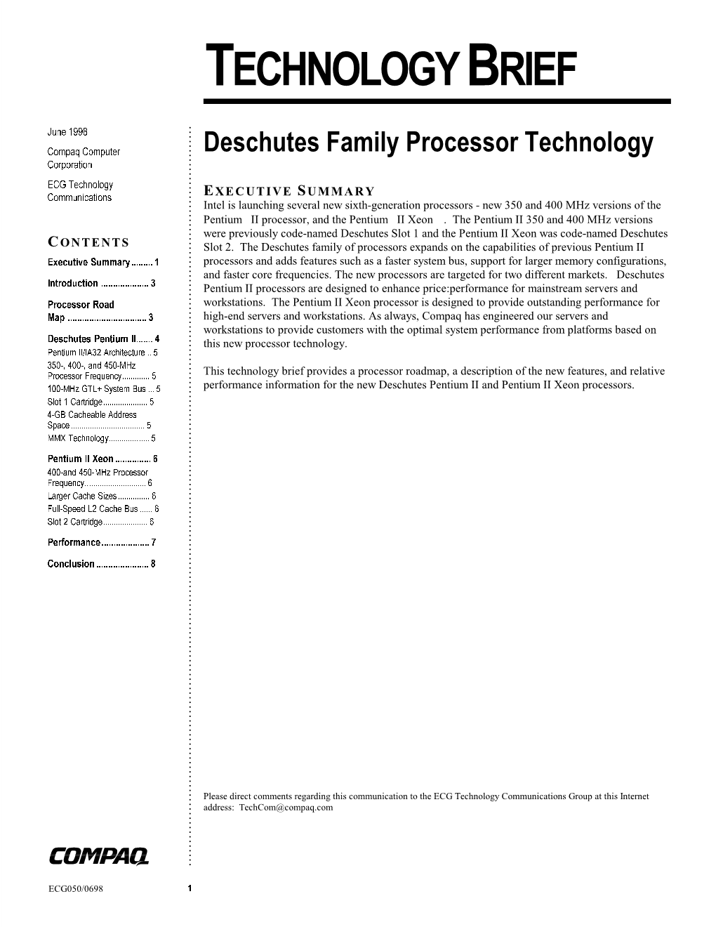 Technology Brief Provides a Processor Roadmap, a Description of the New Features, and Relative 3URFHVVRU )UHTXHQF\ 