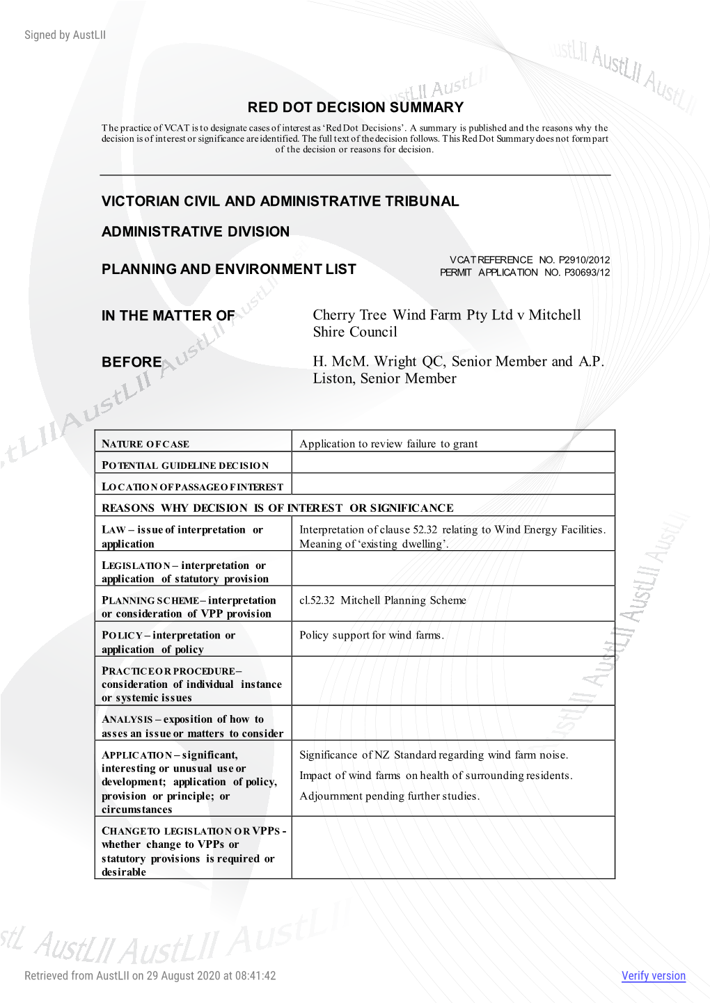 Cherry Tree Wind Farm Pty Ltd V Mitchell Shire Council H. Mcm