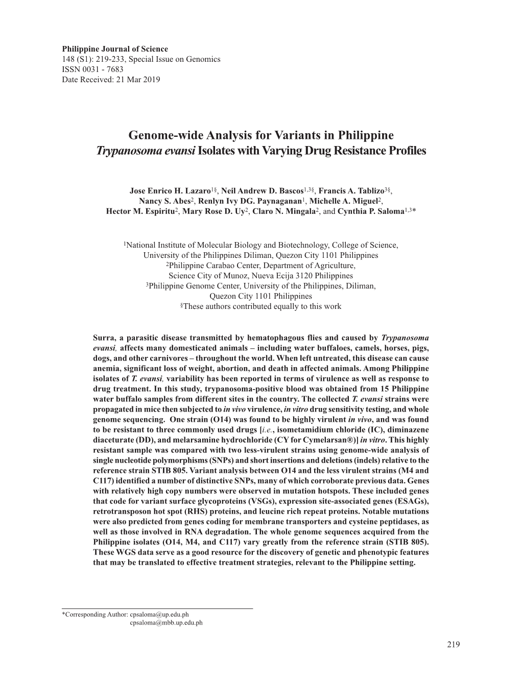 Genome-Wide Analysis for Variants in Philippine Trypanosoma Evansi Isolates with Varying Drug Resistance Profiles