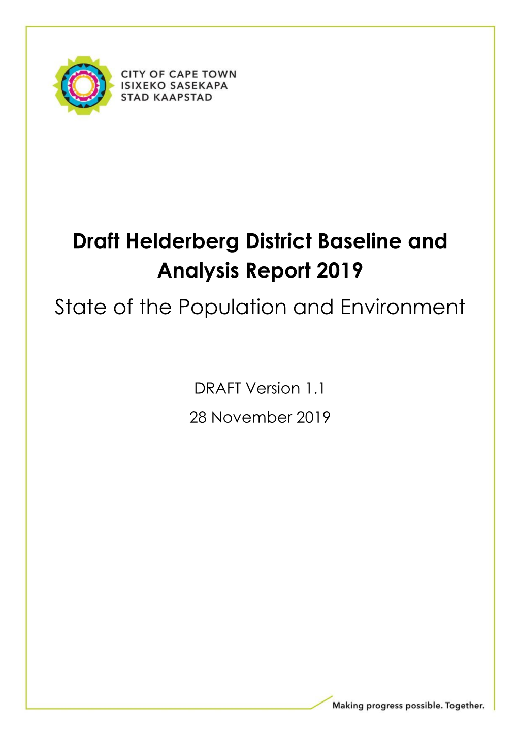 Draft Helderberg District Baseline and Analysis Report 2019 State of the Population and Environment