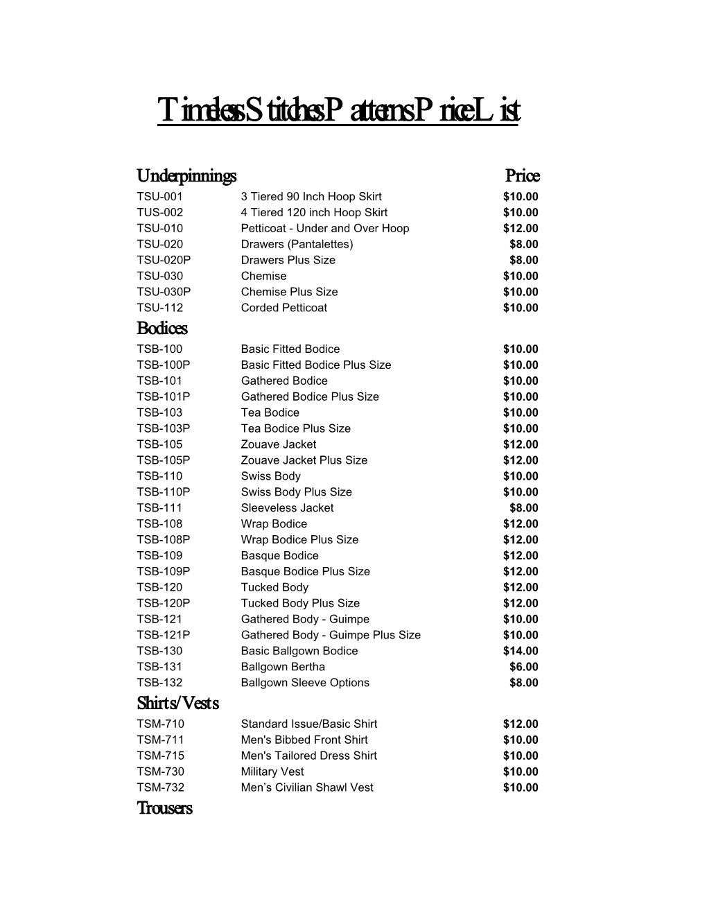 Timeless Stitches Patterns Price List