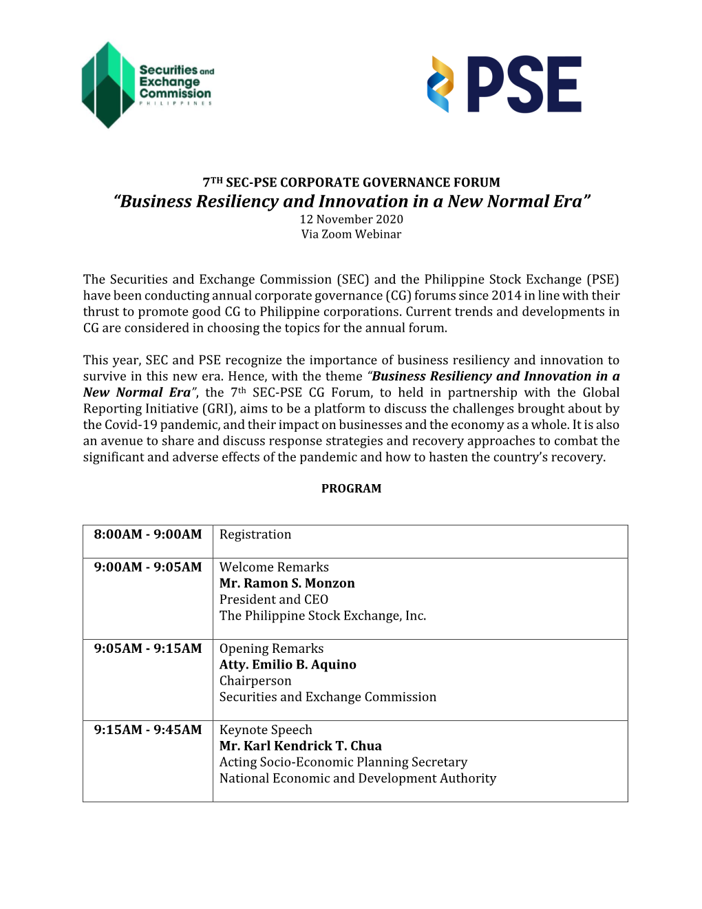 “Business Resiliency and Innovation in a New Normal Era” 12 November 2020 Via Zoom Webinar