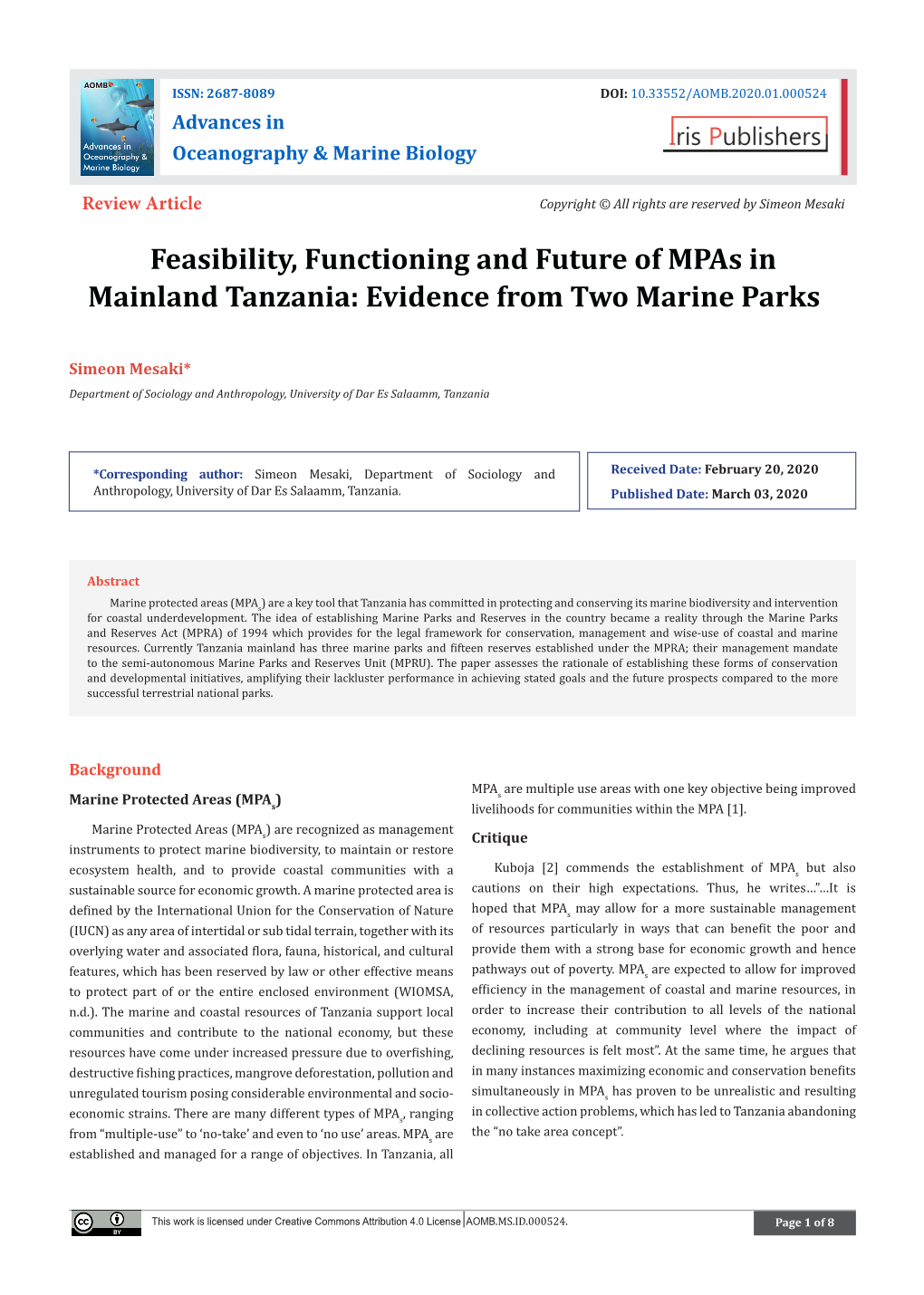 Feasibility, Functioning and Future of Mpas in Mainland Tanzania: Evidence from Two Marine Parks