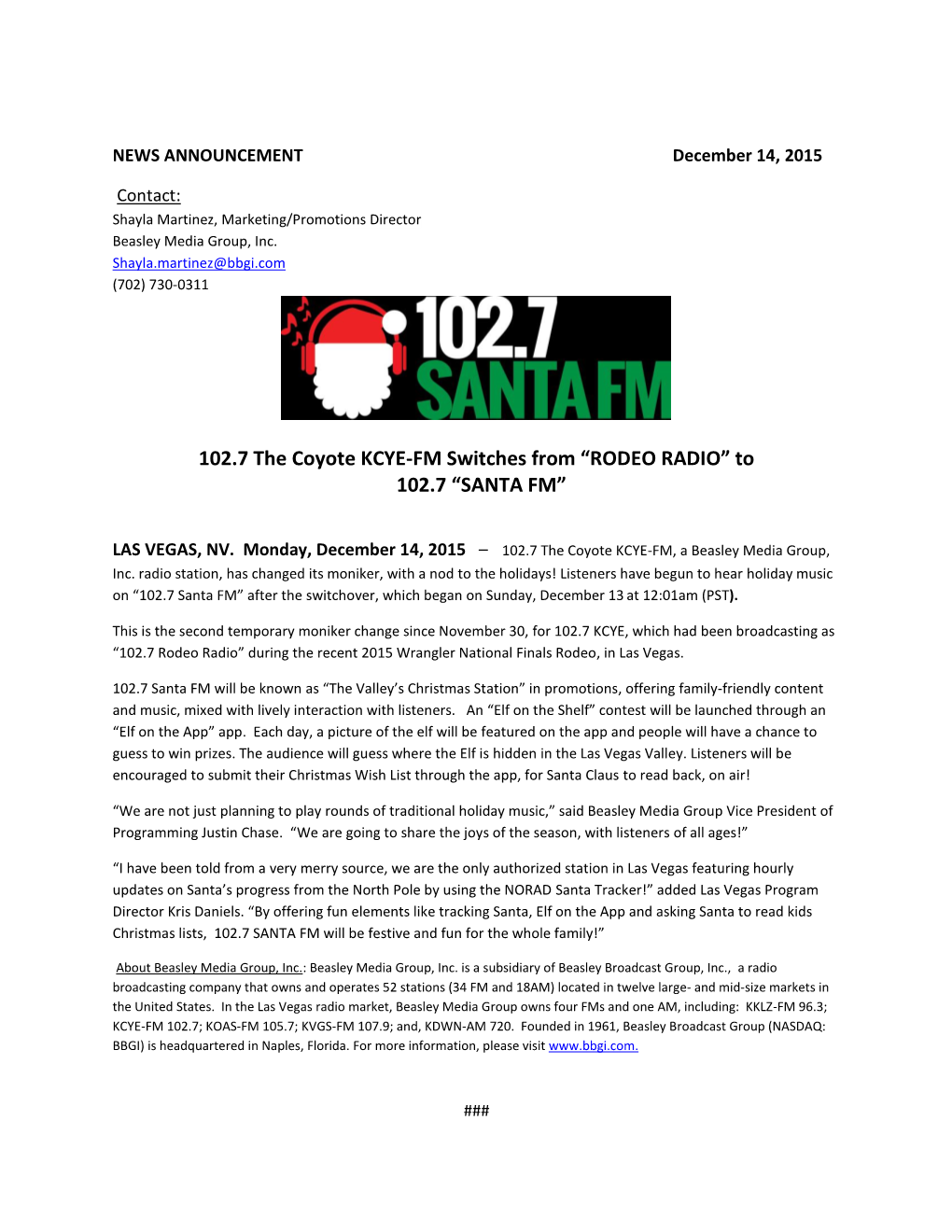 102.7 the Coyote KCYE-FM Switches from “RODEO RADIO” to 102.7 “SANTA FM”