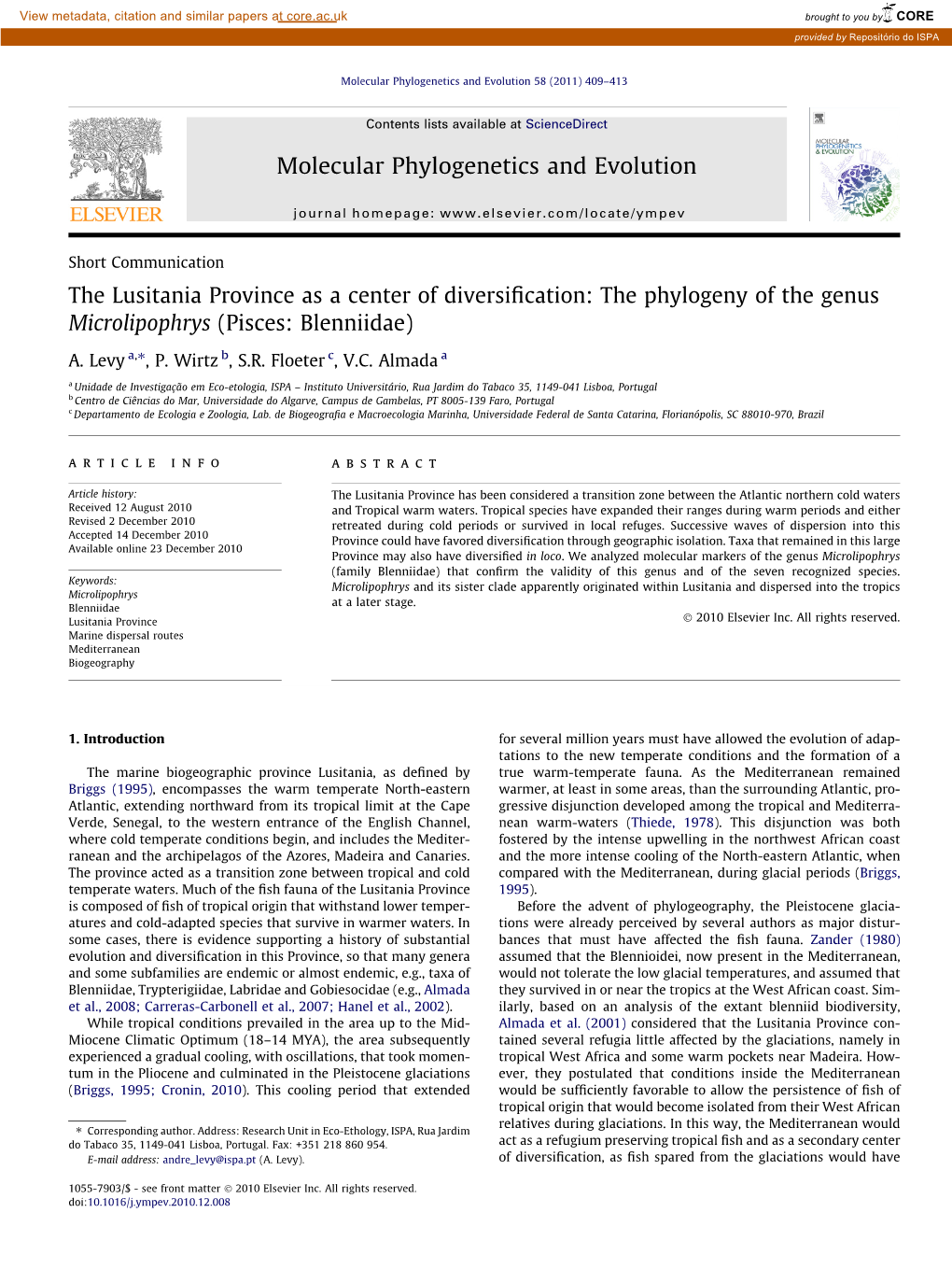 The Phylogeny of the Genus Microlipophrys (Pisces: Blenniidae) ⇑ A