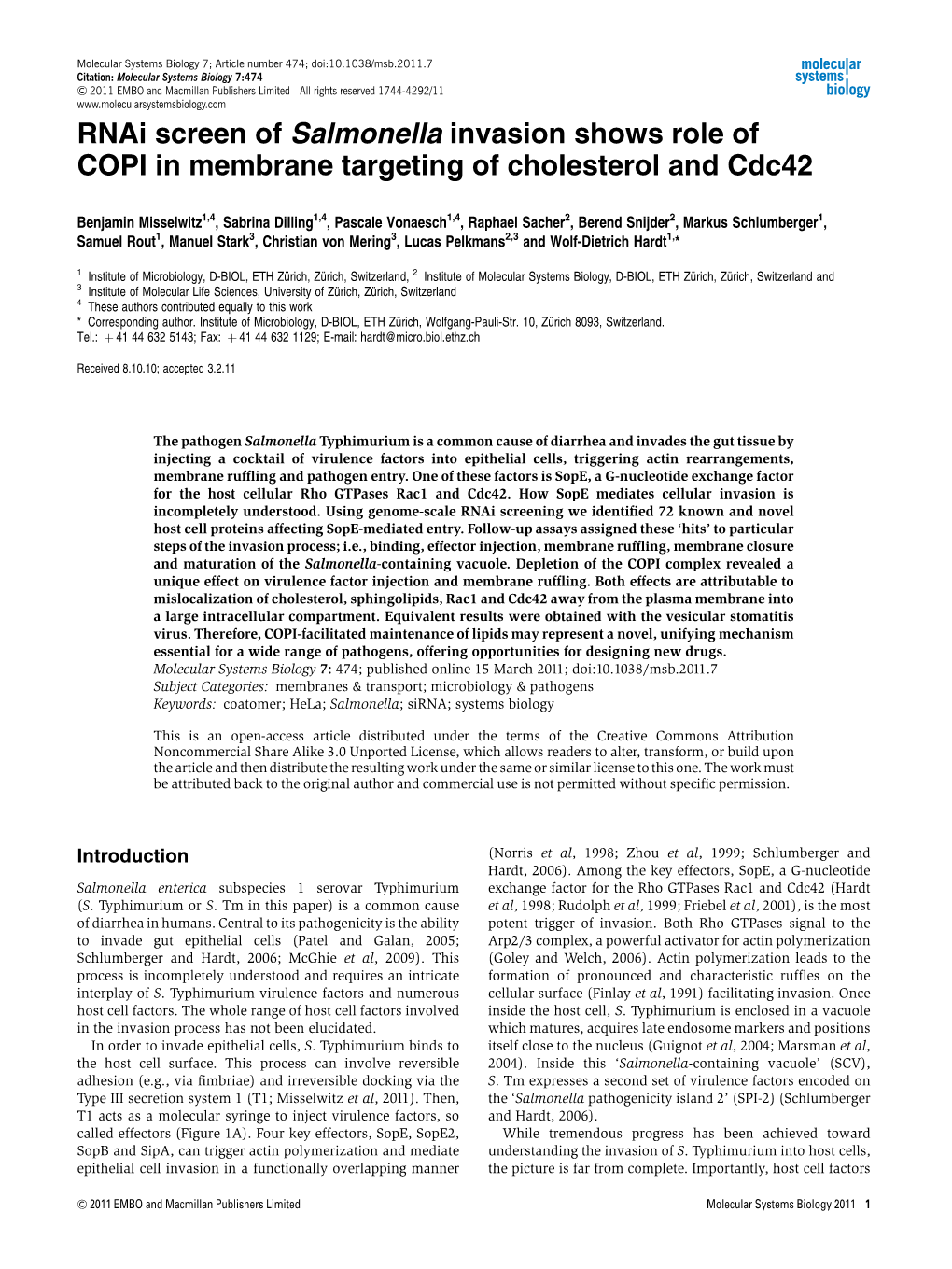 Rnai Screen of Salmonella Invasion Shows Role of COPI in Membrane Targeting of Cholesterol and Cdc42