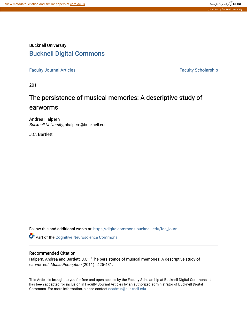 The Persistence of Musical Memories: a Descriptive Study of Earworms