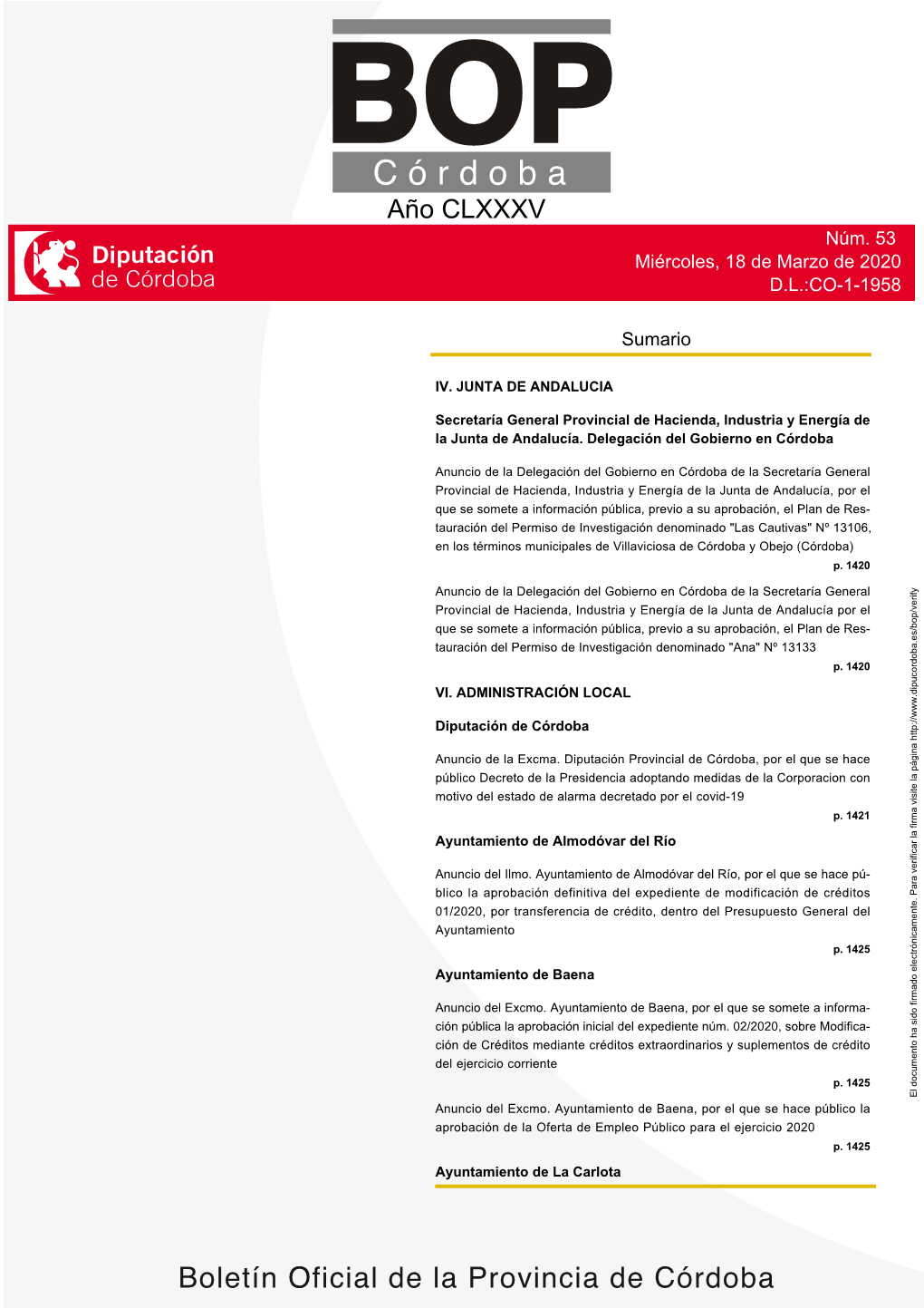 Boletín Oficial De La Provincia De Córdoba Nº 53 P.1419 Miércoles, 18 De Marzo De 2020