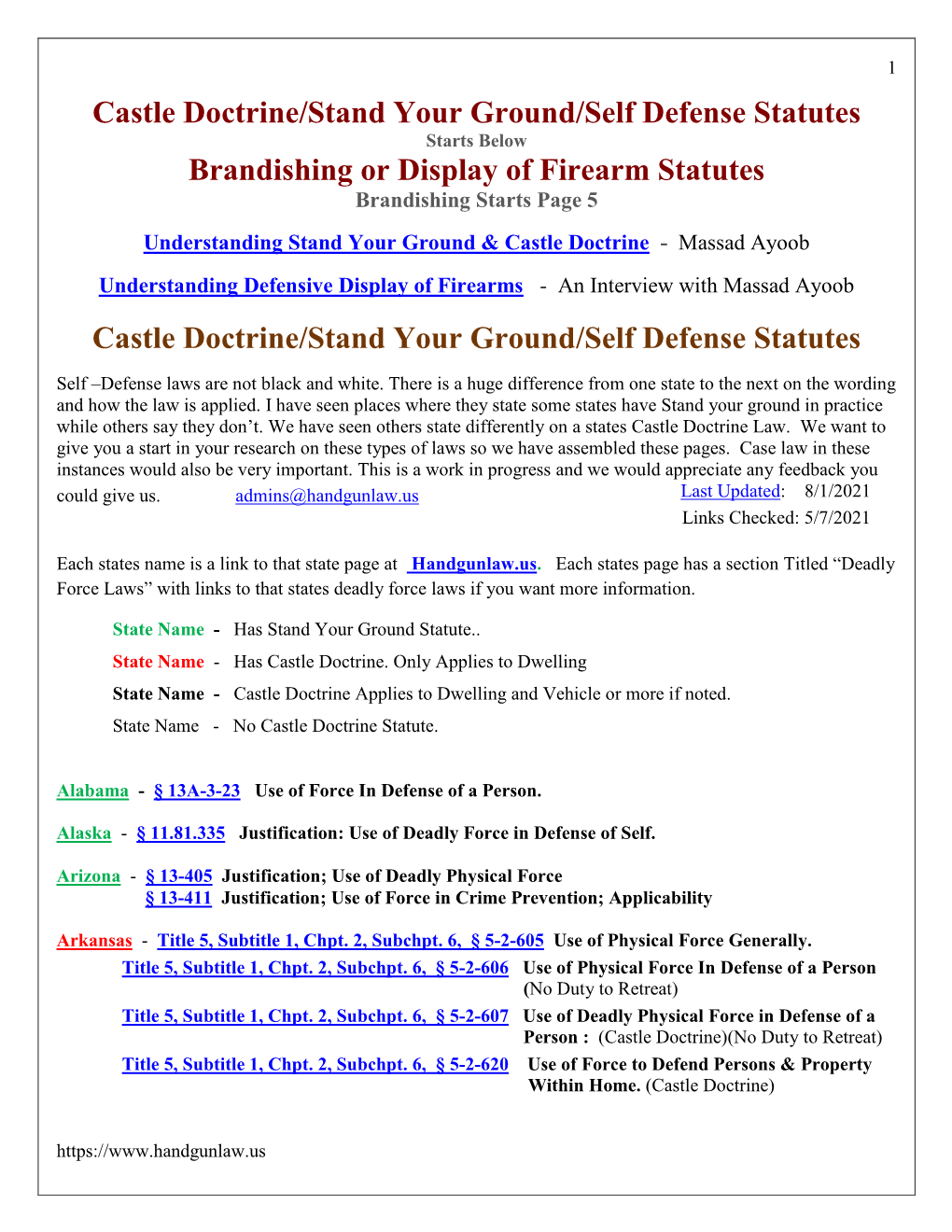 Castle Doctrine/Stand Your Ground/Self Defense Statutes Starts Below Brandishing Or Display of Firearm Statutes Brandishing Starts Page 5