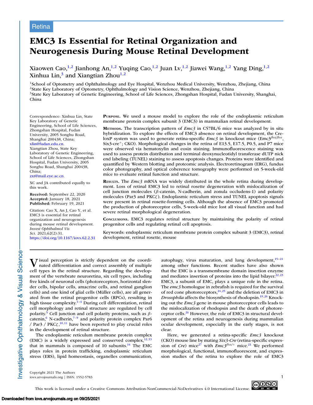 EMC3 Is Essential for Retinal Organization and Neurogenesis During Mouse Retinal Development