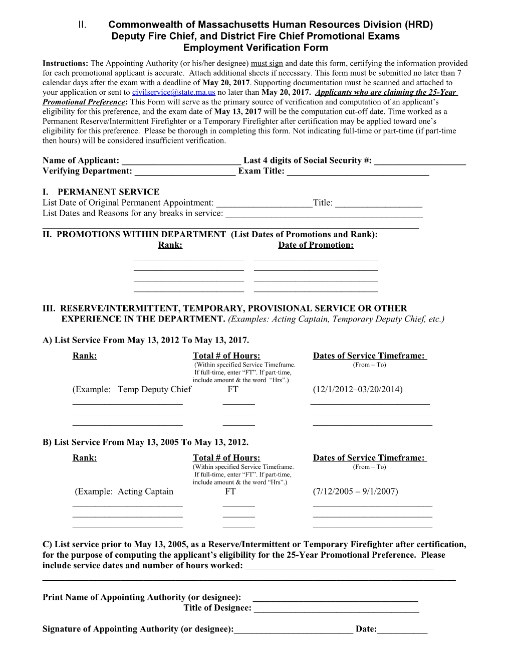 Employment Verification Form - Deputy Fire Chief, and District Fire Chief Promotional Exams