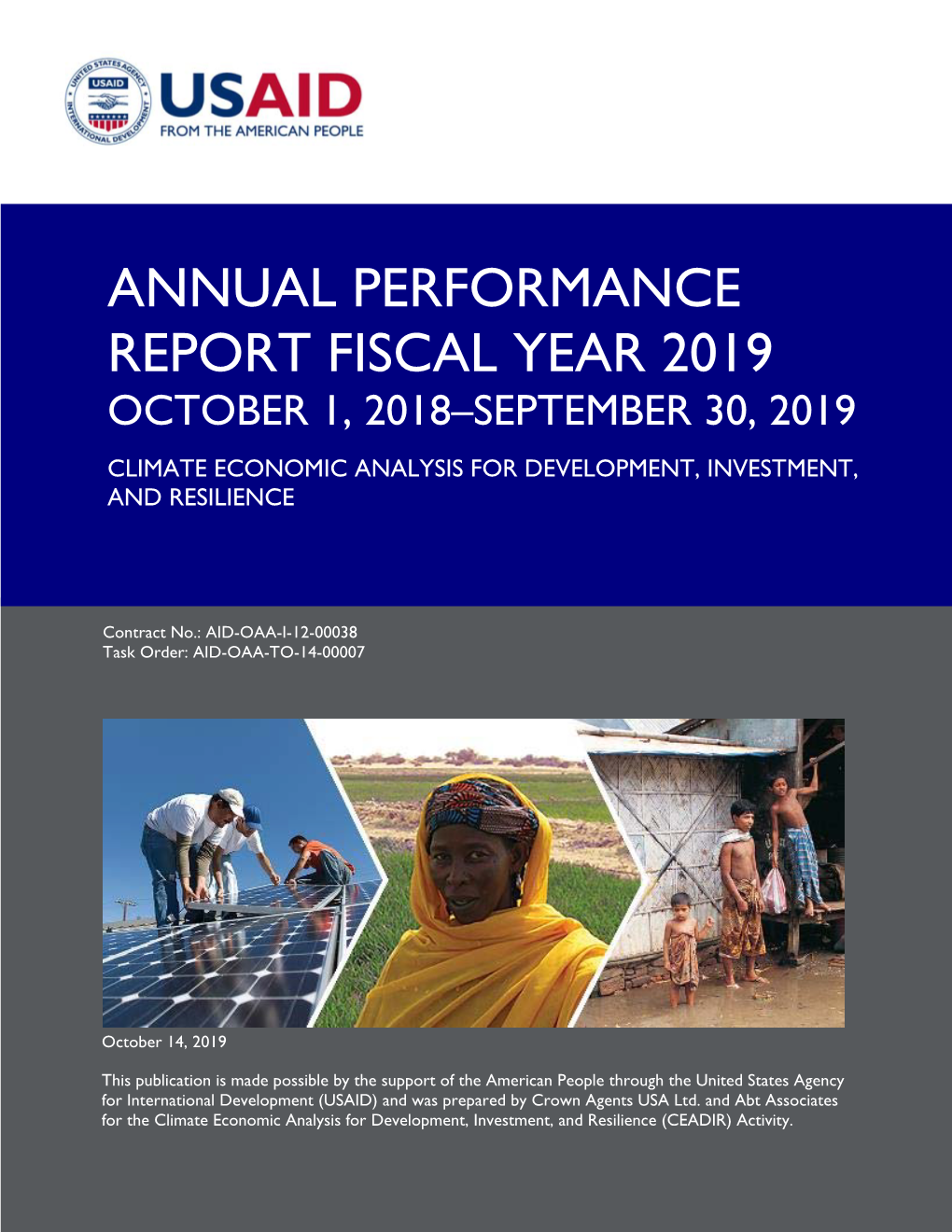 Annual Performance Report Fiscal Year 2019 October 1, 2018–September 30, 2019 Climate Economic Analysis for Development, Investment, and Resilience