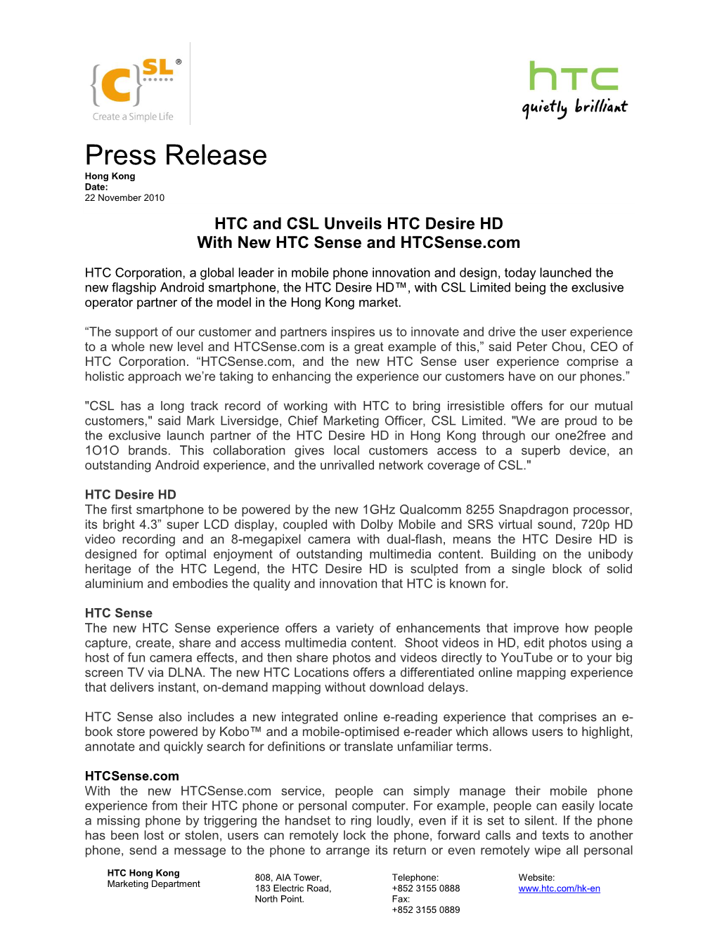 Press Release Hong Kong Date: 22 November 2010