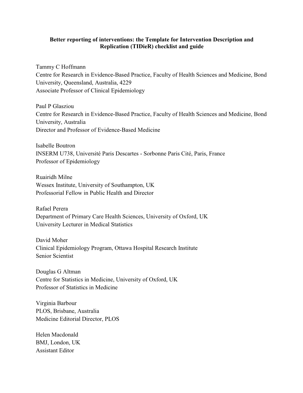 The Template for Intervention Description and Replication (Tidier) Checklist and Guide