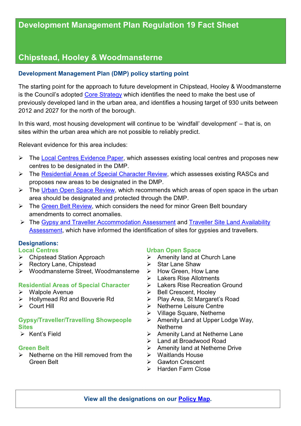 Development Management Plan Regulation 19 Fact Sheet Chipstead, Hooley & Woodmansterne